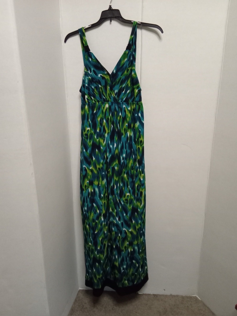 AB Studio Women’s XL Abstract Green Blue Wide Leg Jumpsuit V-Neck Sleeveless C1